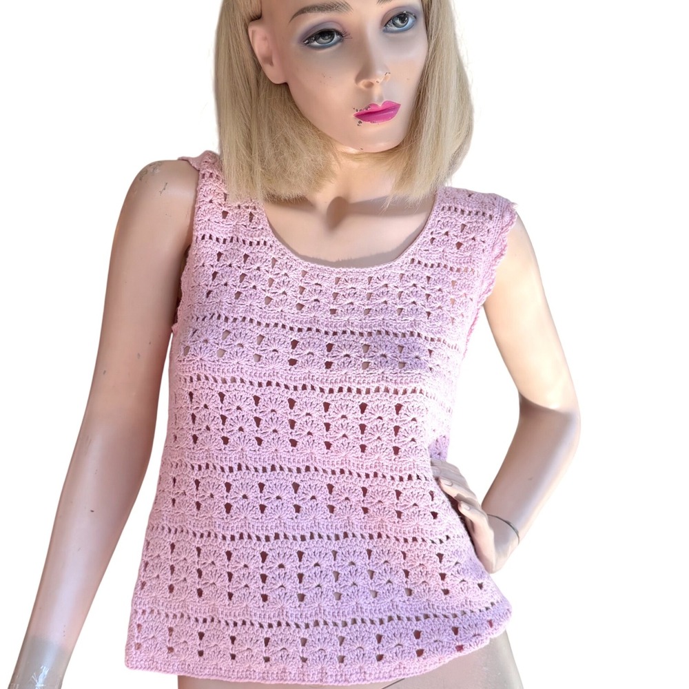 Vintage Pink Crochet Tank Top Cottagecore Barbiecore Coquette Romanticcore Small